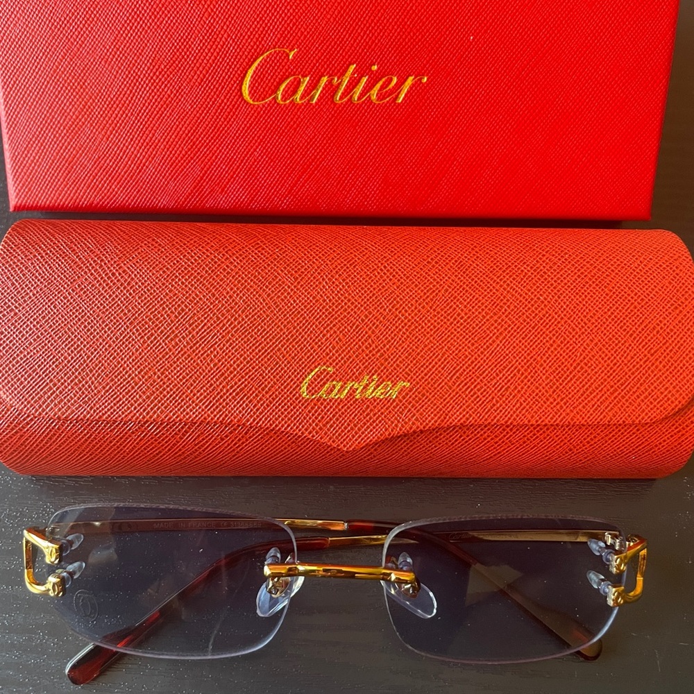 Authentic Men’s Cartier Blue Sunglasses with Gold Frame
